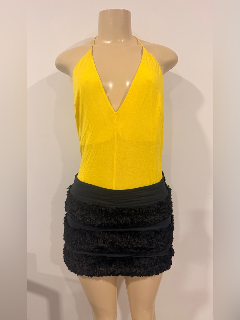 bebe Black Tiered Faux-Fur Mini Skirt Y2K
